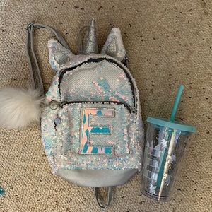 Justice E Silver Sequin Backpack and Cup